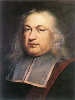 A formal oil painting portrait of Pierre de Fermat, a 17th-century French mathematician with a serious expression, long light-colored hair, and dark academic robes with a white collar.